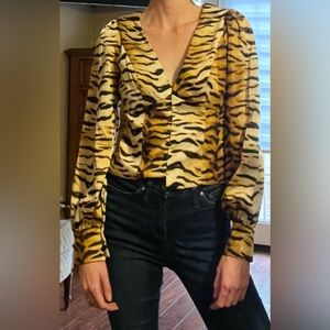 Forever 21 Plunge Tiger Print Blouse, Size Small